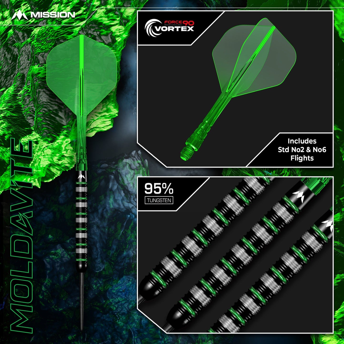 Mission Moldavite Darts - Steel Tip - 95% Tungsten - Black & Green