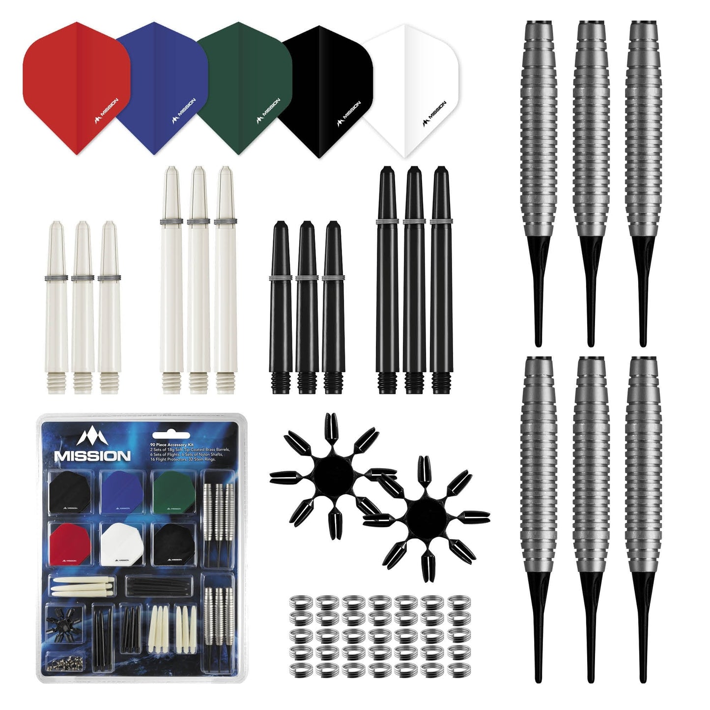 Mission Darts Accessory Kit - 90 Piece - Flights, Shafts - Soft Tip
