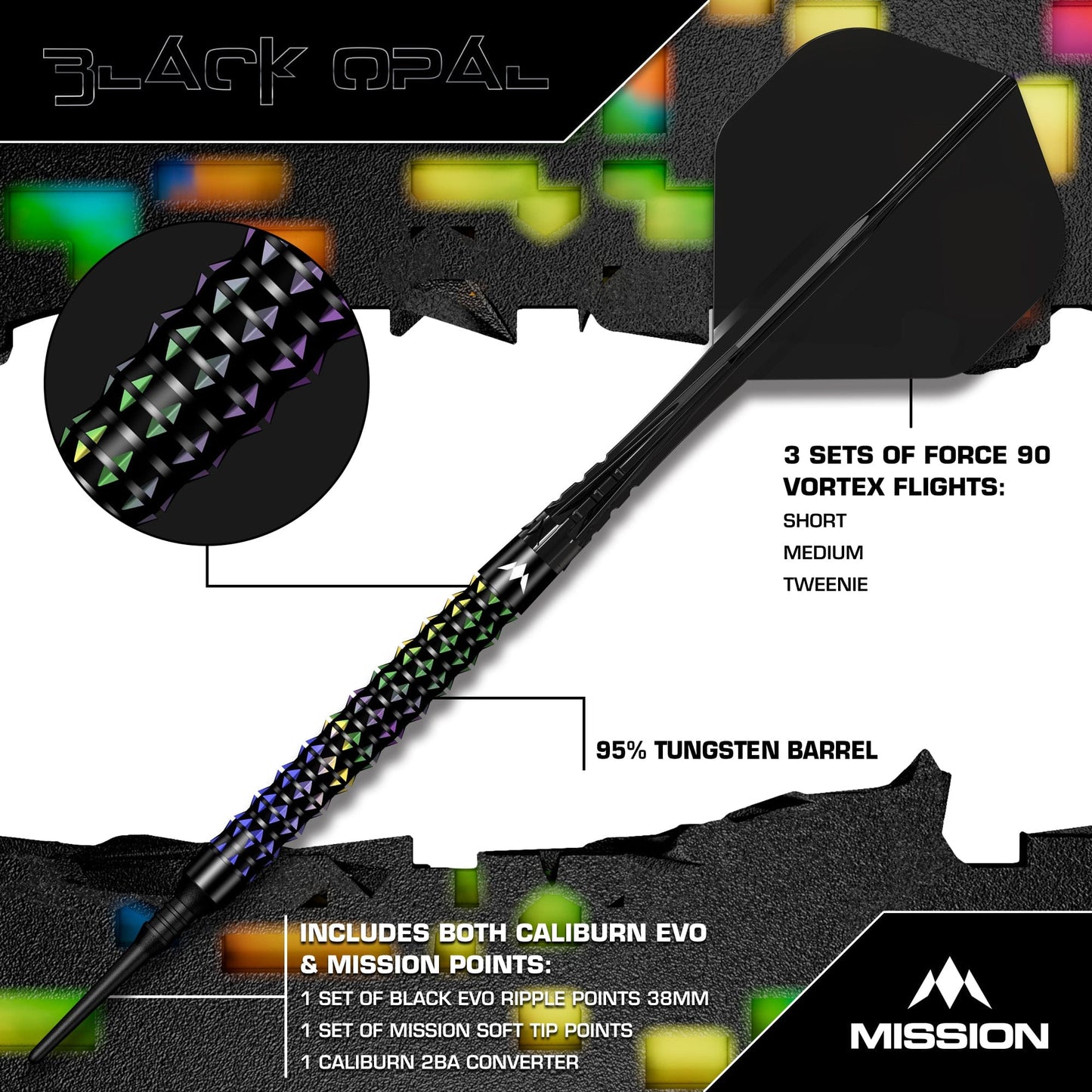 Mission Black Opal Darts - Soft Tip - 95% Tungsten - Black & Coral PVD 20g