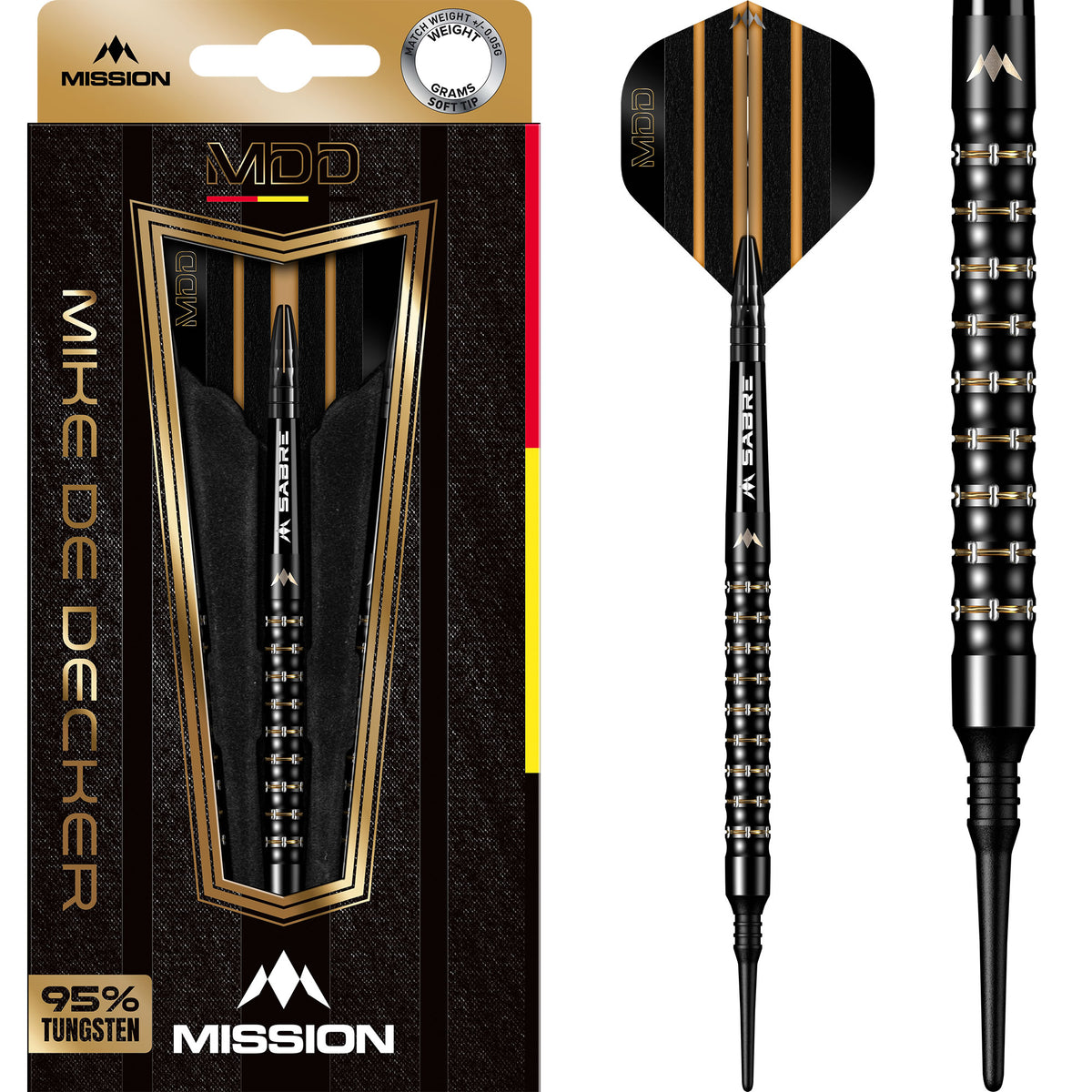 Mike De Decker Darts - Soft Tip - 95% Tungsten - Black & Gold PVD - 20g