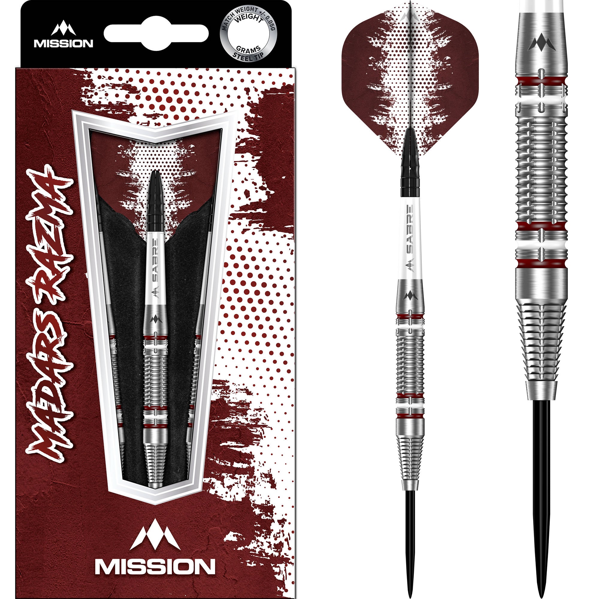 Mission Madars Razma Darts - Steel Tip - 95% Tungsten - Carmine Red & White