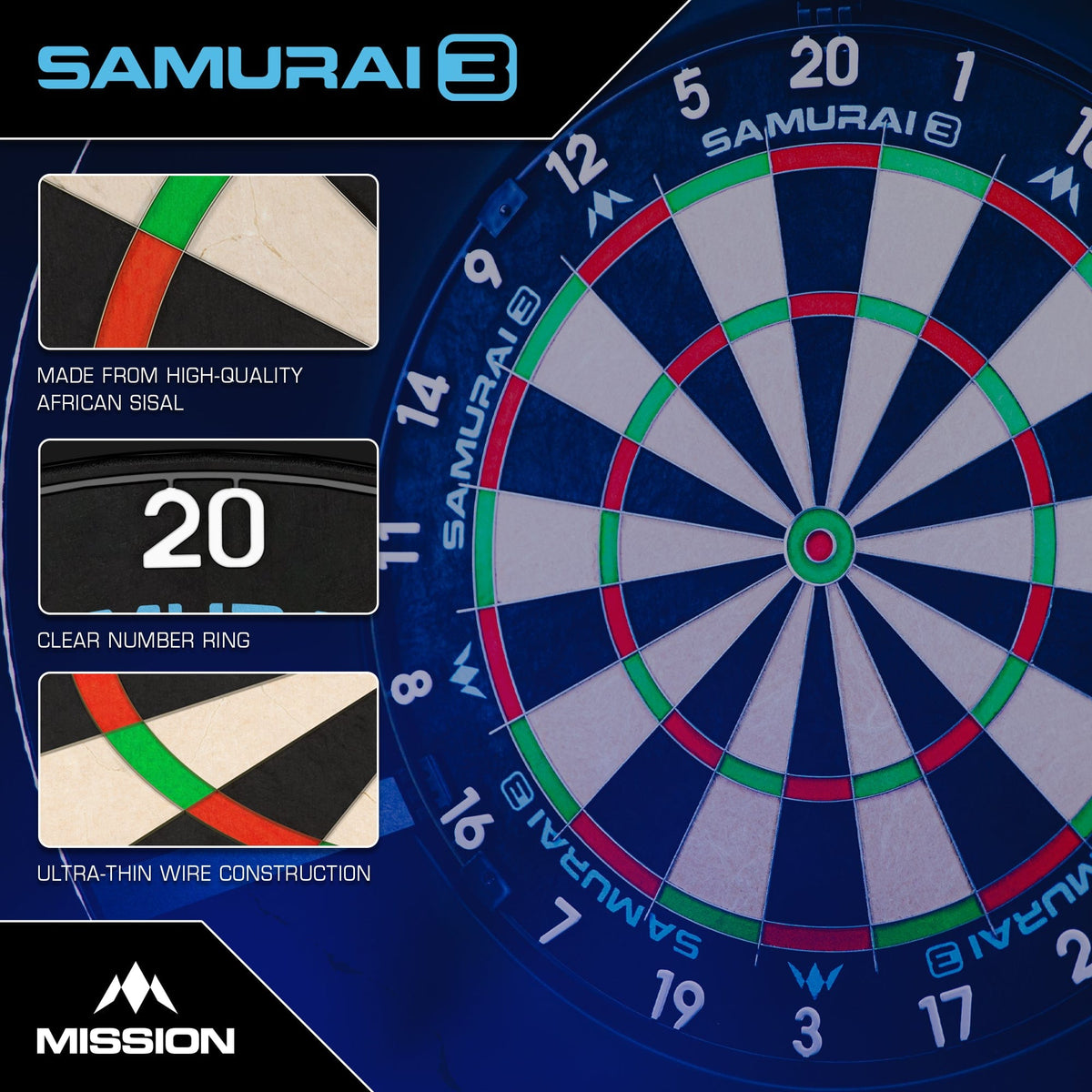 Samurai 3 Dartboard - Professional - Knife Wire - Black Number Ring