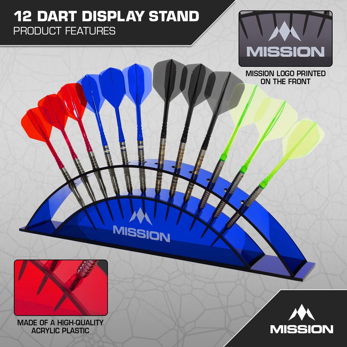 Mission Station 12 - holds 12 darts - Acrylic Darts Display Arc Colours