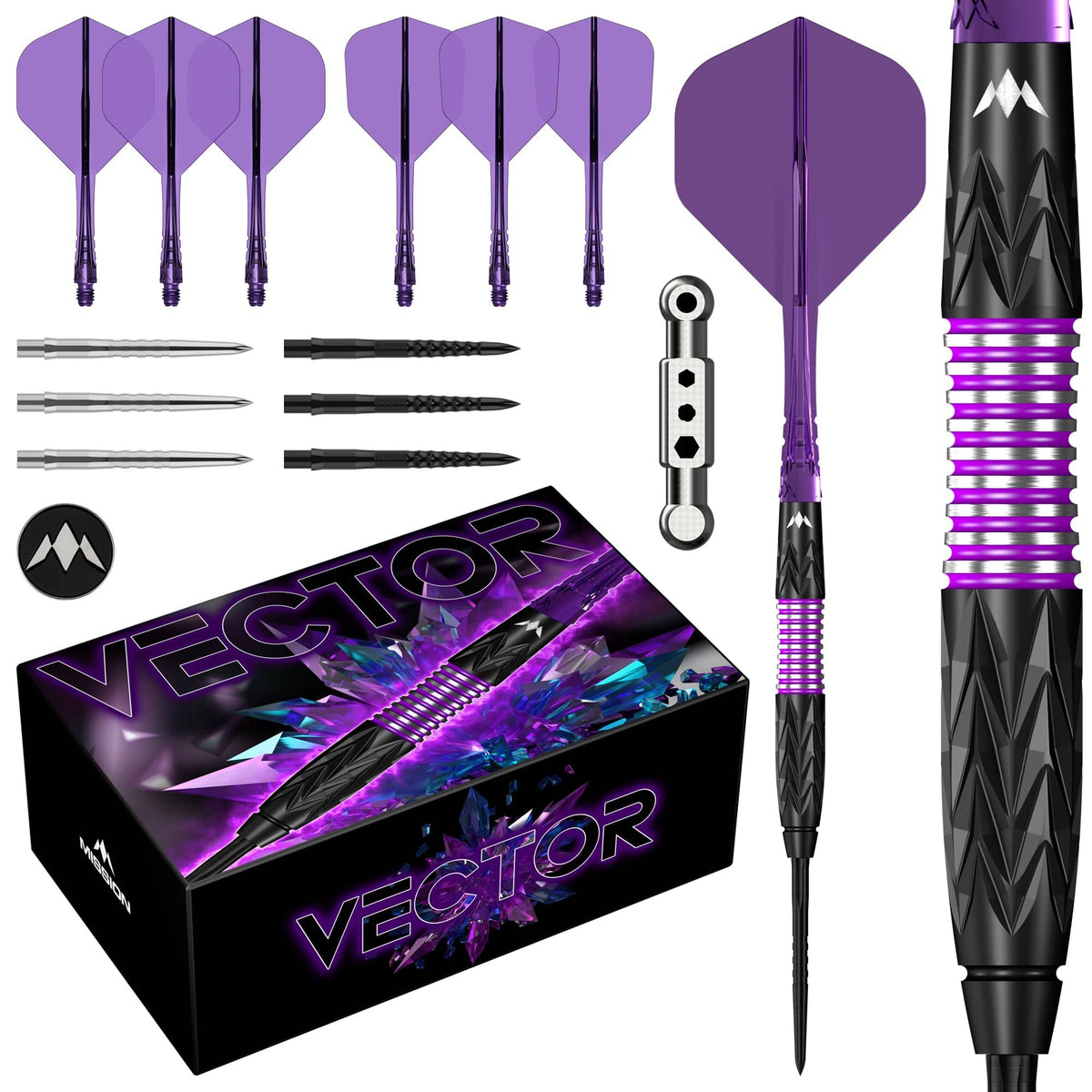 Mission Vector Darts - Steel Tip - 95% Tungsten - Black PVD & Purple Electro