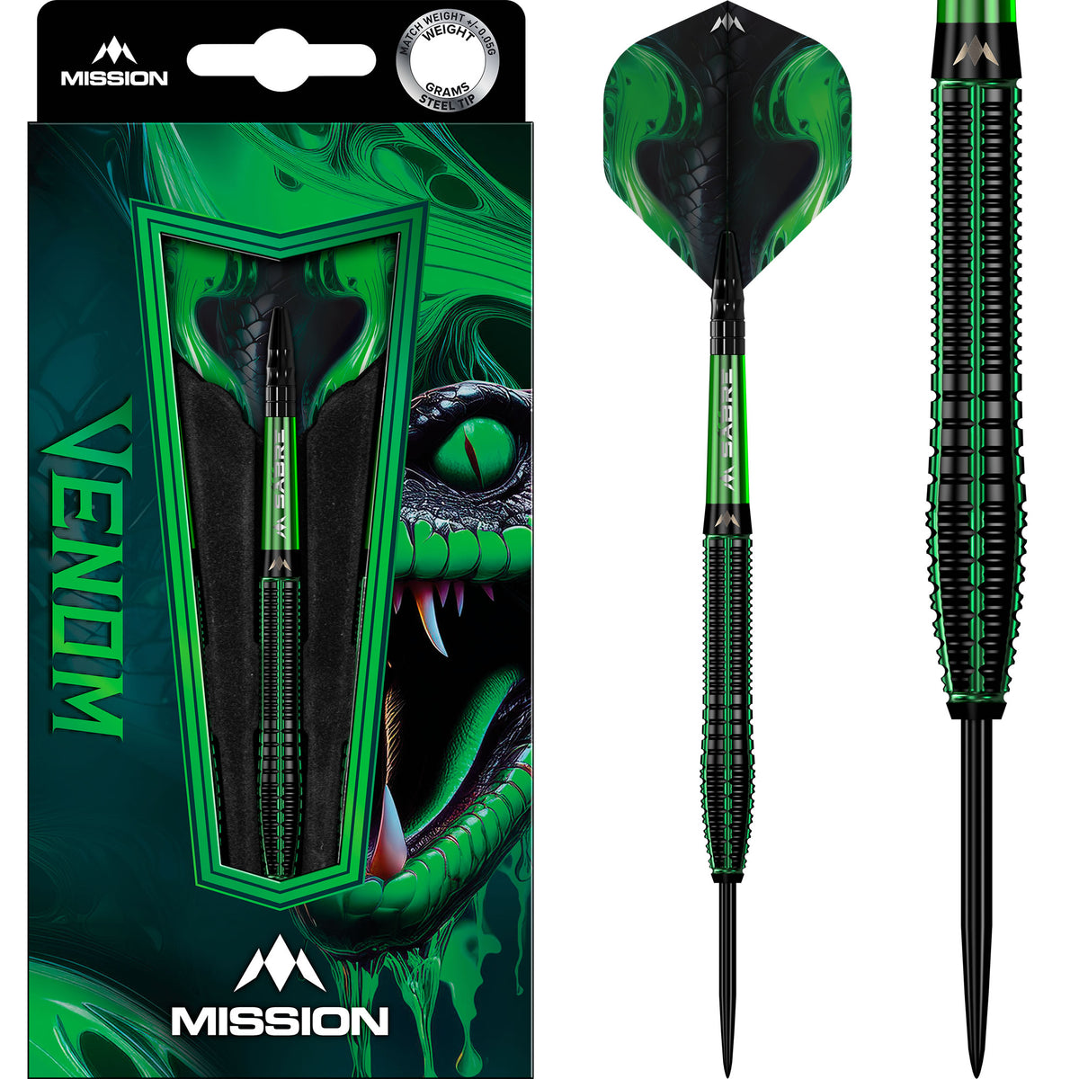 Venom Darts - Steel Tip - 90% Tungsten - Black & Green Electro