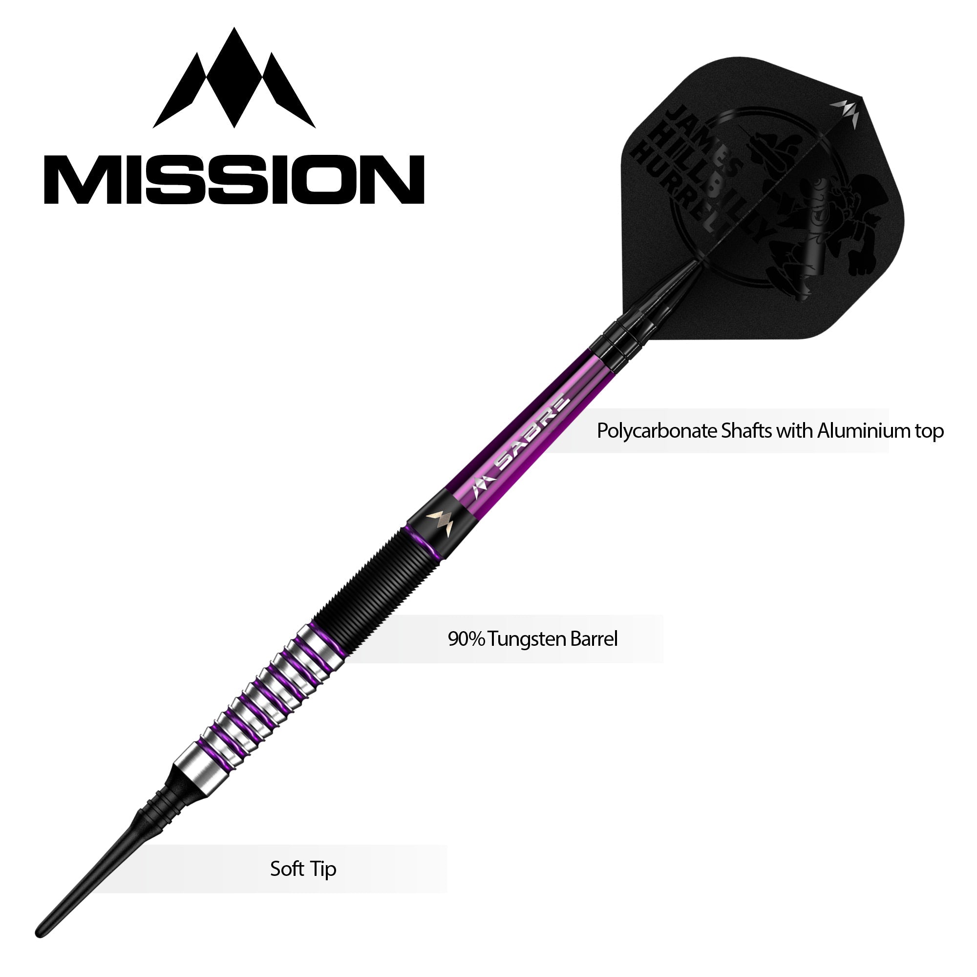 Mission James Hurrell Darts - Soft Tip - Hillbilly - Black & Purple - 18g