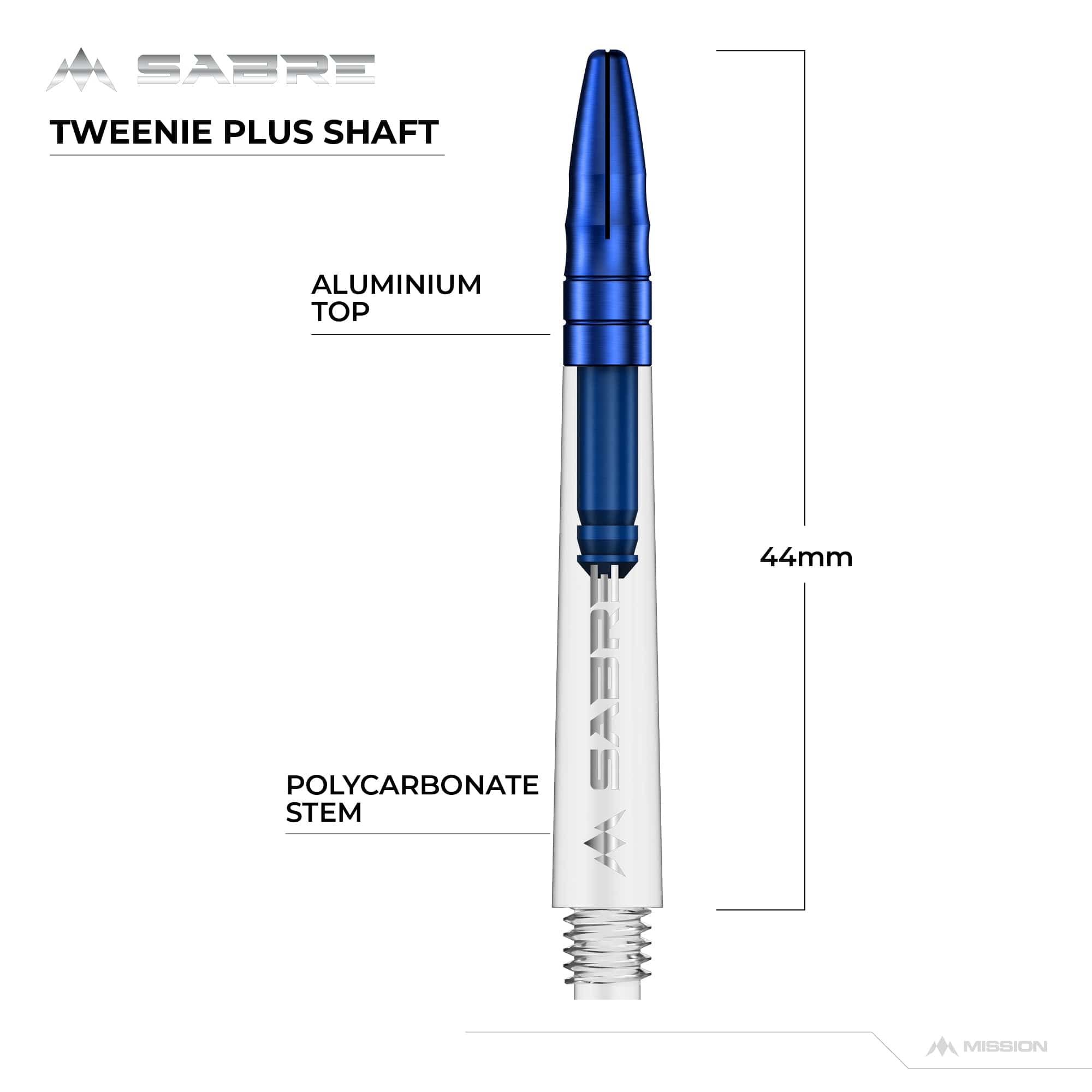 Mission Sabre Shafts - Polycarbonate Dart Stems - Clear - Blue Top