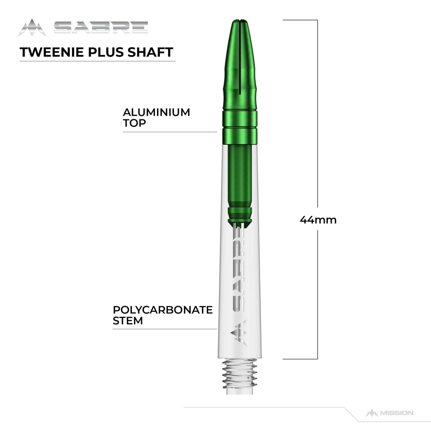 Mission Sabre Shafts - Polycarbonate Dart Stems - Clear - Green Top