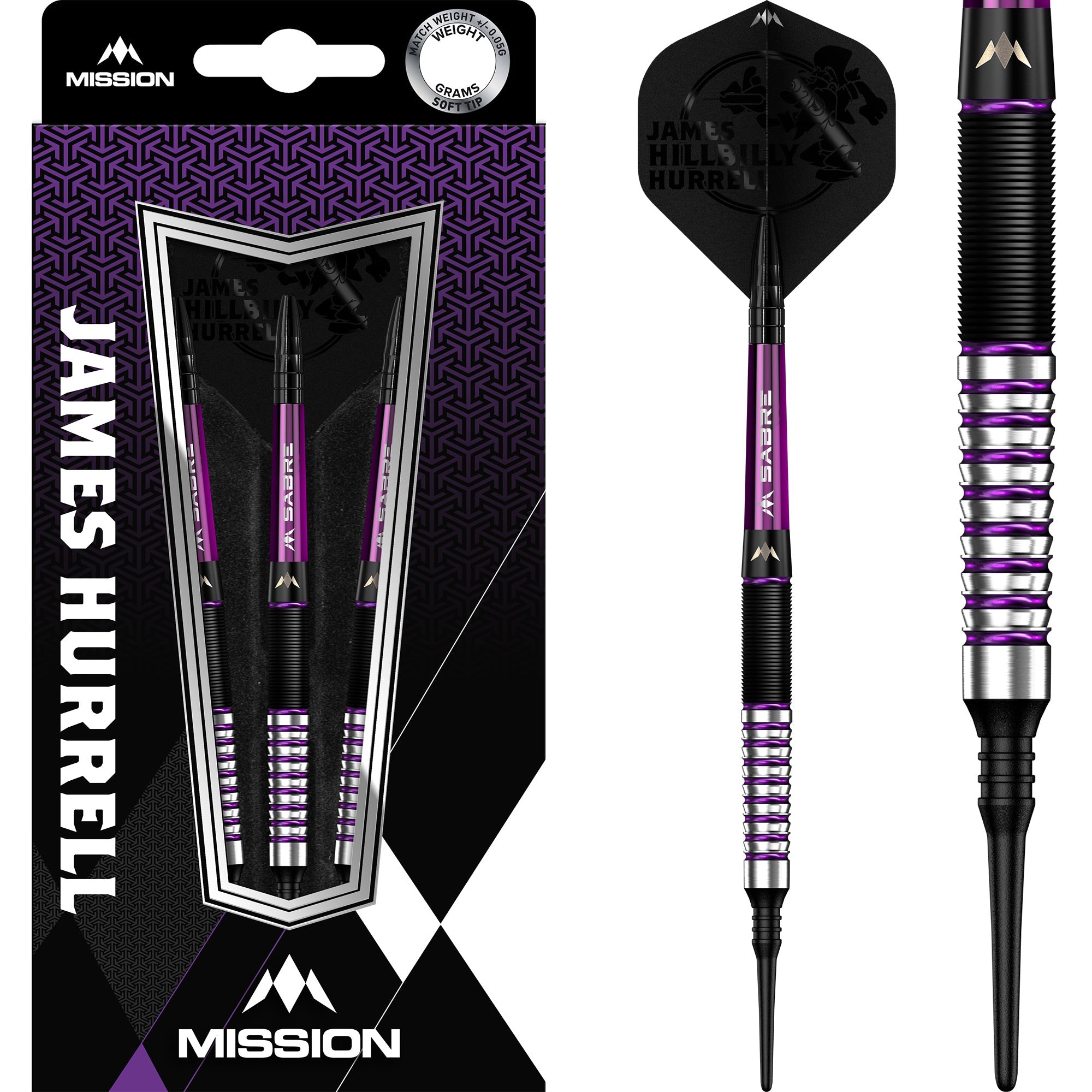 Mission James Hurrell Darts - Soft Tip - Hillbilly - Black & Purple - 18g